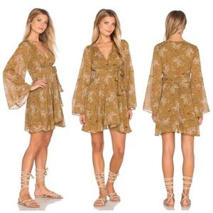 Free People Lilou Floral Printed Bell Sleeve Mini Dress in Toffee